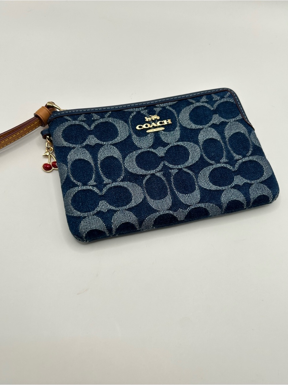 COACH Blue Denim Bundle Signature Wristlet with Red Cherry Charm and Earrings - Picture 2 of 7